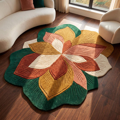 Hand tufted floral rug with layered flower petals in emerald green, blush pink, mustard, ivory, and terracotta tones in a modern living room __etsy:8053832693