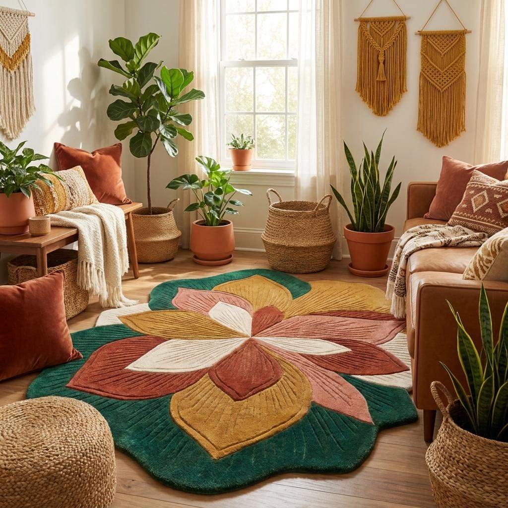 Organic shaped hand tufted carpet featuring layered petal artwork and earthy tones for contemporary living room décor __etsy:8053832937