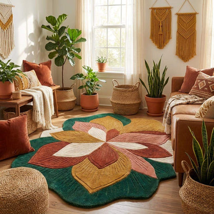 Organic shaped hand tufted carpet featuring layered petal artwork and earthy tones for contemporary living room décor __etsy:8053832937