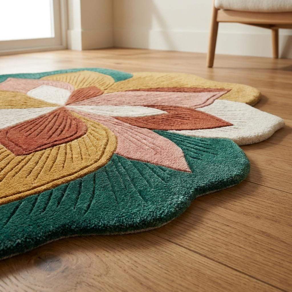 Handmade contemporary flower rug with sculpted detailing and colorful botanical design styled in a warm minimalist home setting __etsy:8005914896