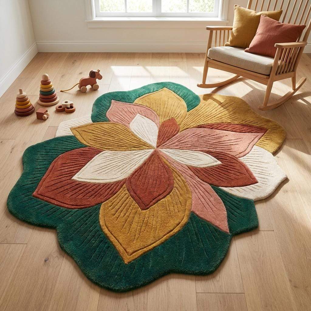 Artistic wool area rug with dimensional carved floral pattern designed for bedroom, reading nook, nursery, or luxury apartment interiors __etsy:8053832973