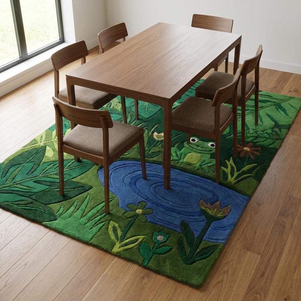 Hand Tufted Kids Jungle Rug Carpet, Frog Pond Playroom Area Rug, Green Botanical Nursery Decor, Nature Theme Kids Room __etsy:7986648227