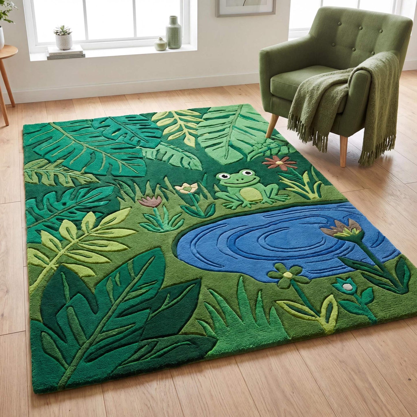 Hand tufted kids jungle rug carpet with frog and pond design, green botanical playroom area rug for nursery decor __etsy:7938691030