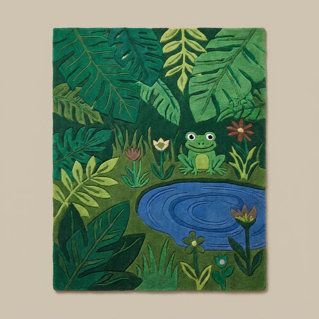 Green kids room rug with jungle leaves and frog illustration, playful nature themed tufted carpet for children’s space __etsy:7986648253