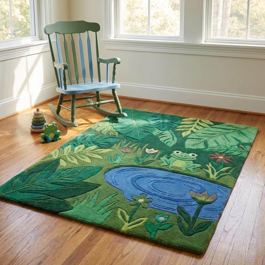 Modern kids nursery rug with jungle theme, hand tufted wool carpet featuring playful animal and botanical elements __etsy:7938691236