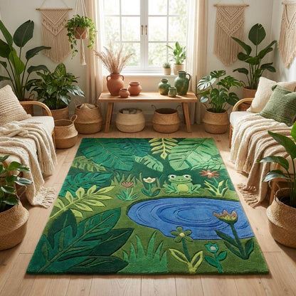 Botanical jungle kids area rug with pond design, soft wool tufted carpet ideal for playroom and nursery styling __etsy:7986648251