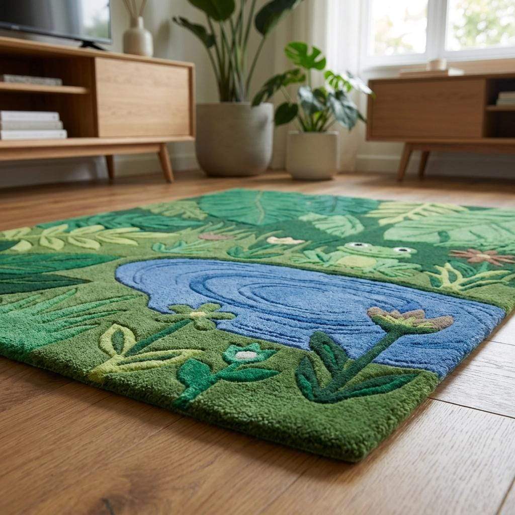 Nature inspired kids rug with leaf motifs and frog character, green playroom carpet with vibrant handcrafted details __etsy:7938691200
