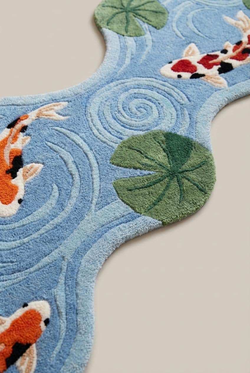 Hand Tufted Koi Fish Runner Rug, Blue Pond Shaped Carpet, Modern Kitchen Runner, Artistic Water Ripple Area Decor __etsy:7840770555