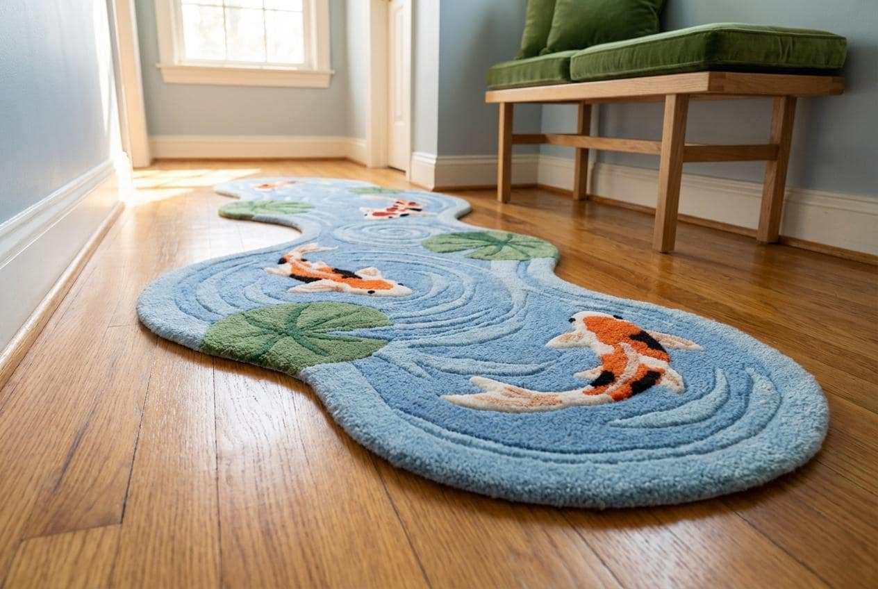 Hand Tufted Koi Fish Runner Rug, Blue Pond Shaped Carpet, Modern Kitchen Runner, Artistic Water Ripple Area Decor __etsy:7840770523