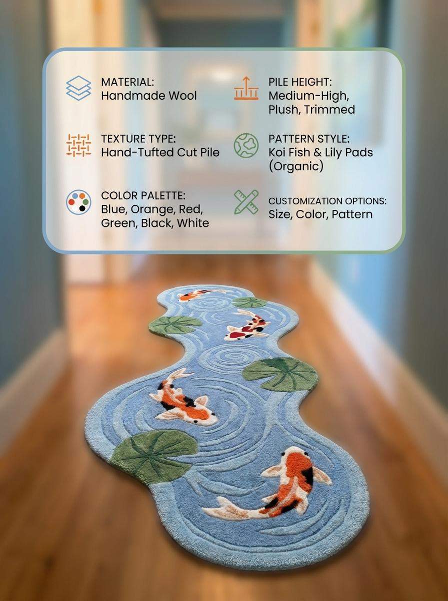 Hand Tufted Koi Fish Runner Rug, Blue Pond Shaped Carpet, Modern Kitchen Runner, Artistic Water Ripple Area Decor __etsy:7840770553