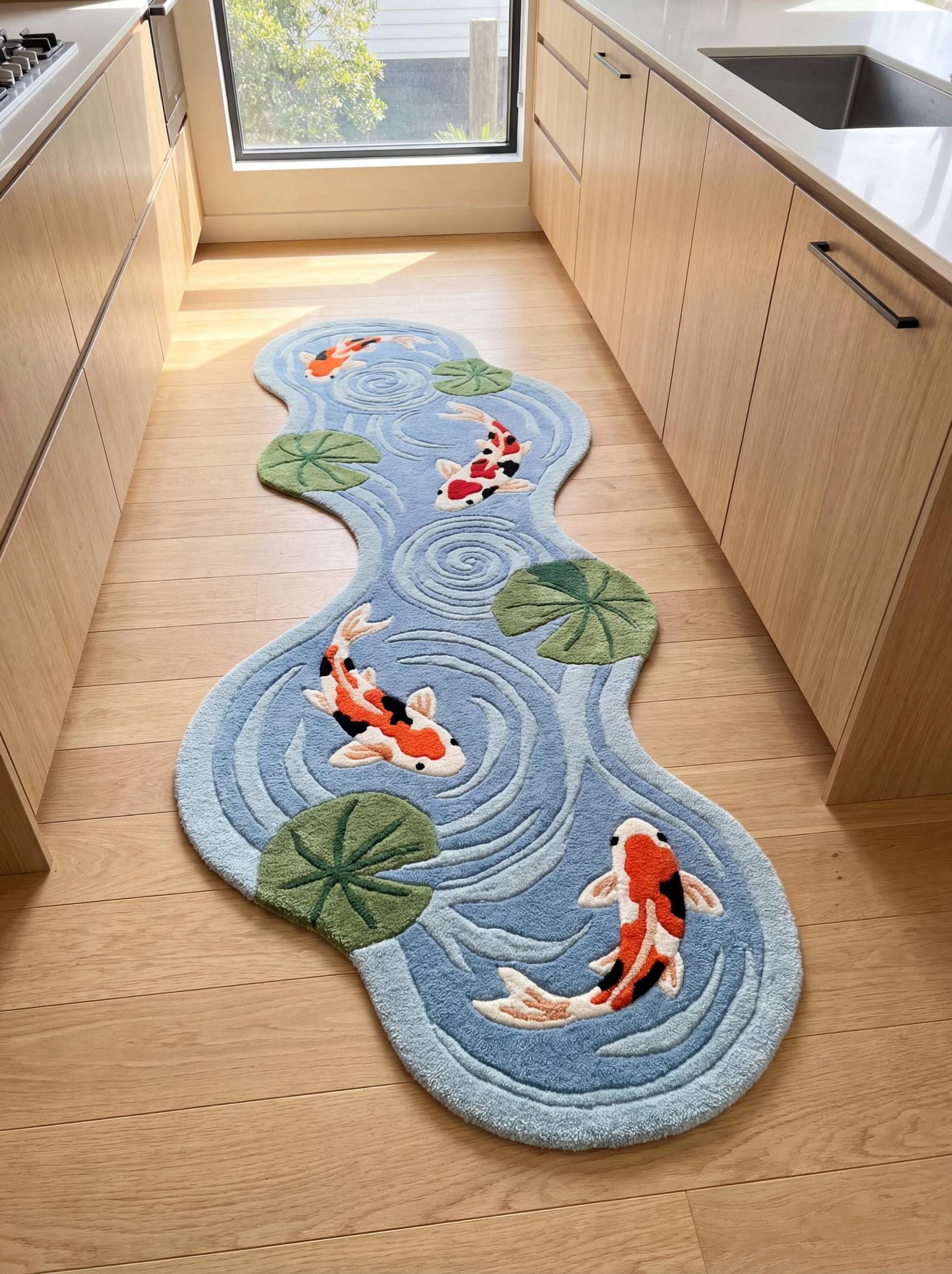 Hand tufted koi fish runner rug with blue pond water ripple design and lily pads placed in modern kitchen interior __etsy:7840770353