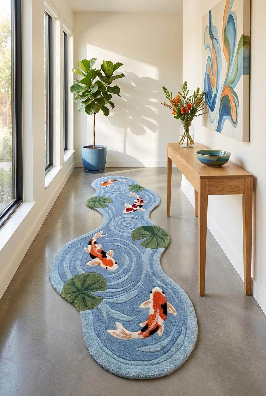 Artistic koi fish carpet runner placed between kitchen cabinets with pond inspired water swirl pattern __etsy:7792839420