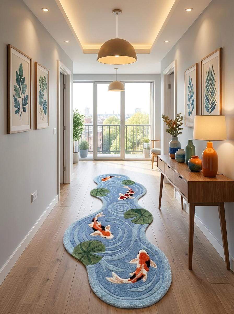 Modern handmade koi pond rug runner designed for hallway or kitchen with sculpted tufted wool texture __etsy:7840770521