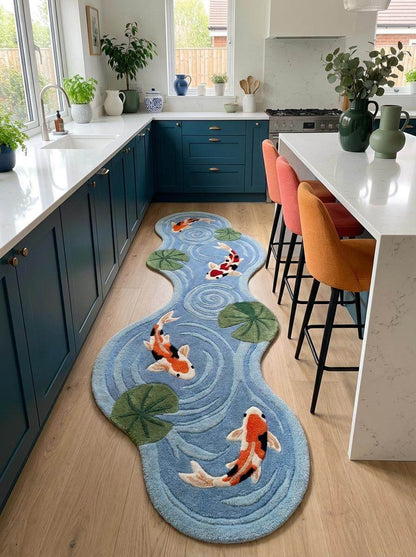 Decorative koi fish runner rug featuring flowing pond shape and vibrant fish artwork for modern interiors __etsy:7792839422