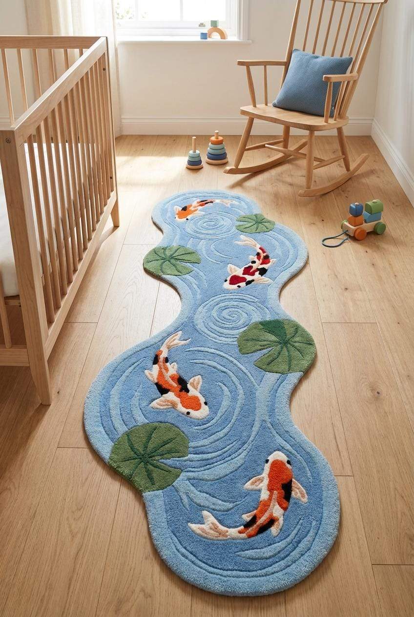 Hand Tufted Koi Fish Runner Rug, Blue Pond Shaped Carpet, Modern Kitchen Runner, Artistic Water Ripple Area Decor __etsy:7840770581