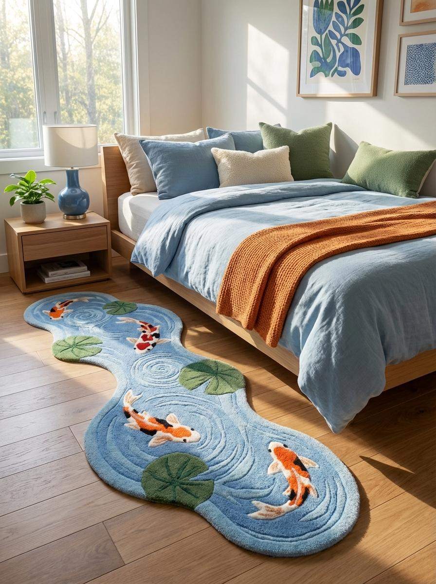 Hand Tufted Koi Fish Runner Rug, Blue Pond Shaped Carpet, Modern Kitchen Runner, Artistic Water Ripple Area Decor __etsy:7792839416