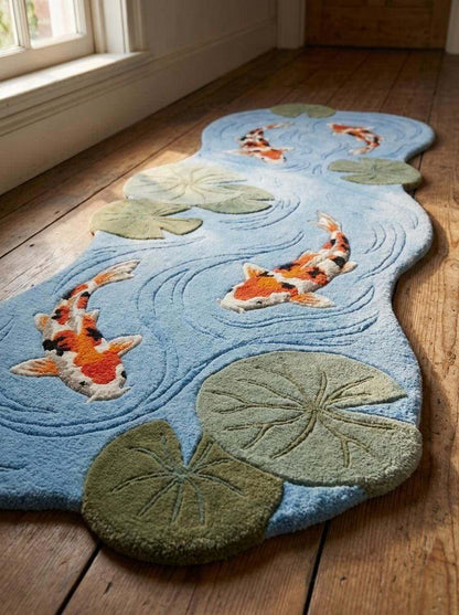Hand Tufted Koi Fish Runner Rug, Organic Pond Carpet, Water Lily Decor __etsy:8092972106