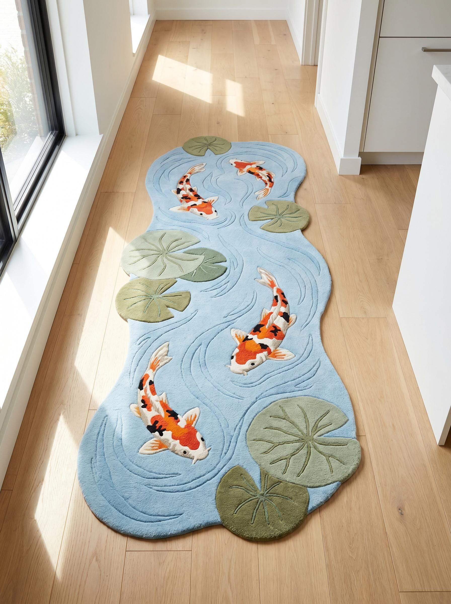 Hand tufted koi fish runner rug featuring blue pond water, lily pads, and organic shaped hallway carpet design __etsy:8092971120