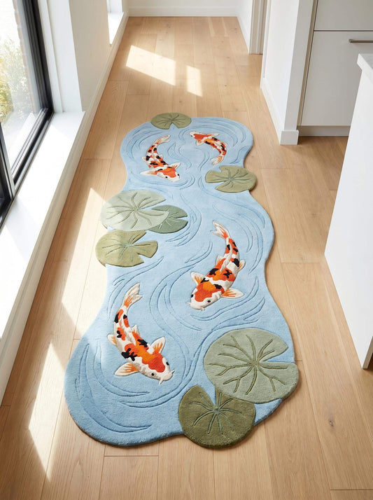 Hand tufted koi fish runner rug featuring blue pond water, lily pads, and organic shaped hallway carpet design __etsy:8092971120