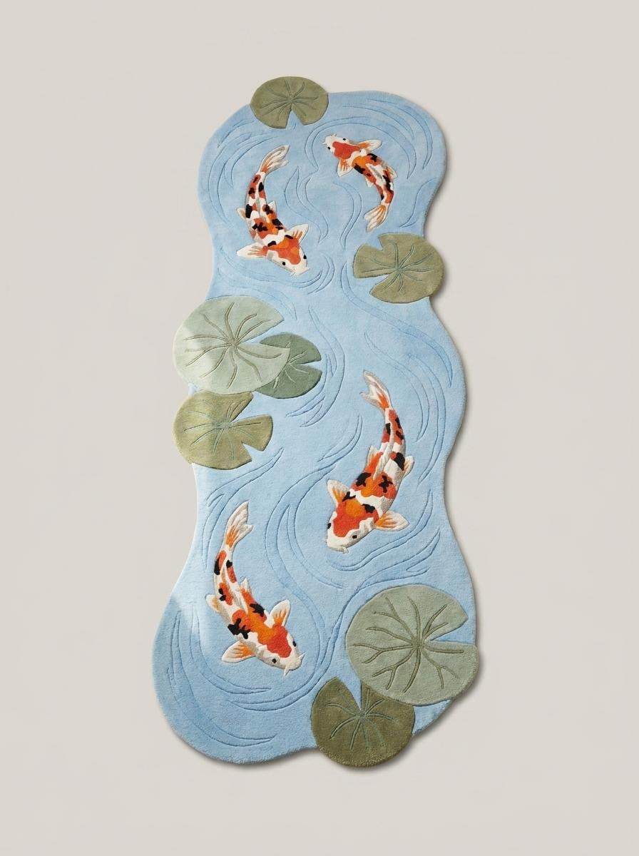 Japanese inspired koi pond runner rug with floating lily pads and flowing water pattern for modern hallway decor __etsy:8092972100