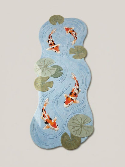 Japanese inspired koi pond runner rug with floating lily pads and flowing water pattern for modern hallway decor __etsy:8092972100