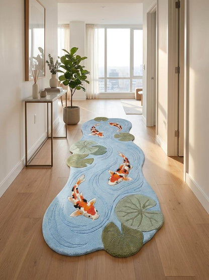 Blue handmade wool runner carpet featuring colorful koi fish swimming through a peaceful pond design __etsy:8140879893