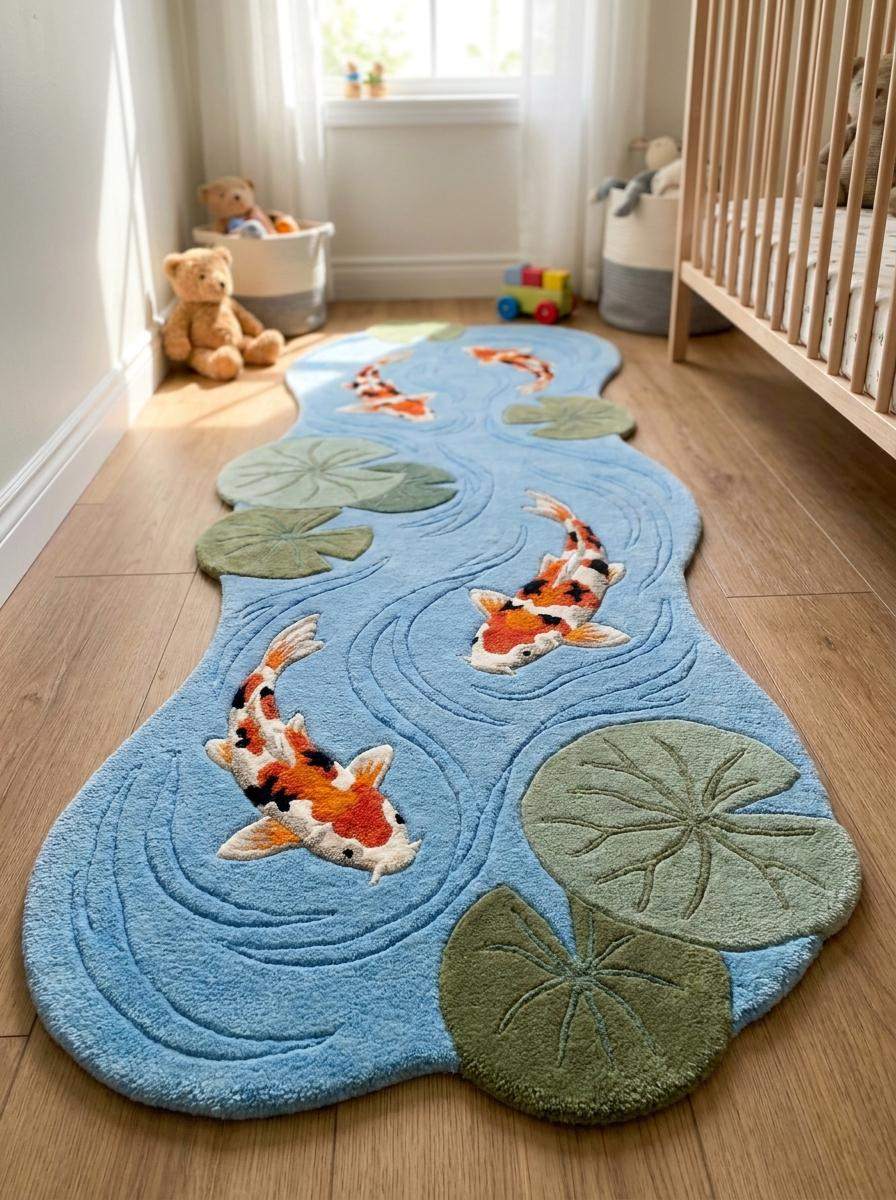 Nature inspired hallway rug with sculpted water movement, lily pads, and artistic fish motif in soft calming colors __etsy:8140879985
