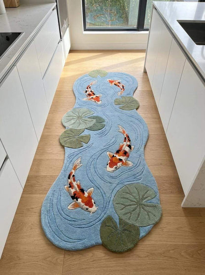 Statement hand tufted koi pond rug adding whimsical Japanese garden style and decorative character to interior spaces __etsy:8140879983