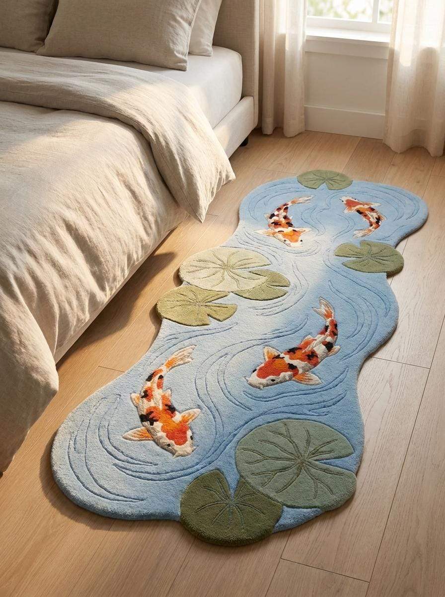 Hand Tufted Koi Fish Runner Rug, Organic Pond Carpet, Water Lily Decor __etsy:8140879901