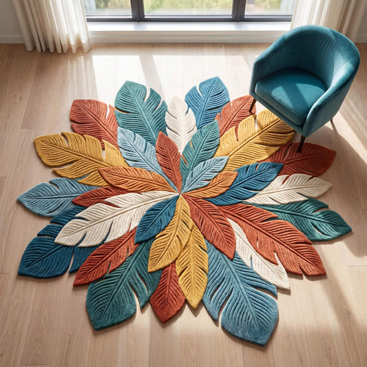 Colorful hand tufted botanical rug with layered tropical leaf design placed in a modern living room with wooden flooring __etsy:8066382668