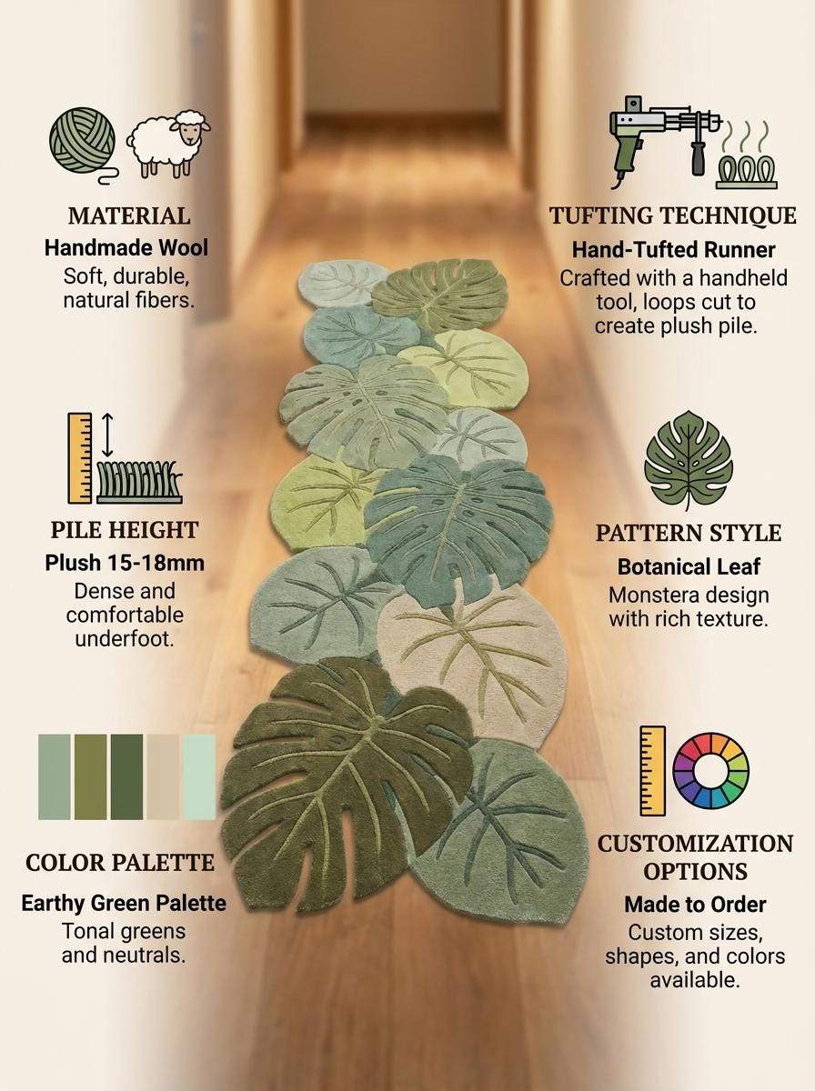 Hand Tufted Leaf Runner Rug, Botanical Hallway Carpet, Monstera Tropical Runner for Entryway Decor __etsy:8140752289