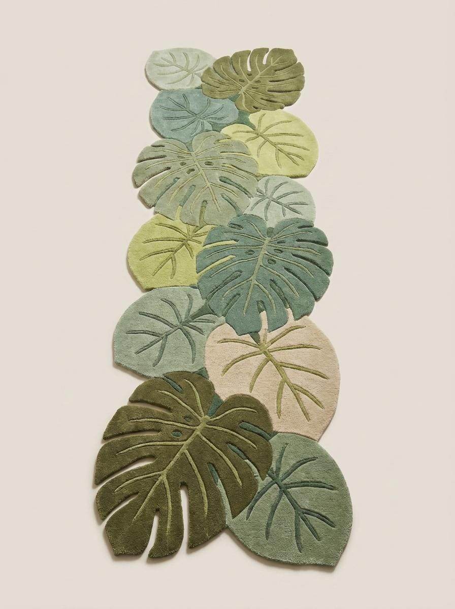Tropical monstera leaf hallway runner rug designed with overlapping botanical elements and sculpted organic edges __etsy:8140752231
