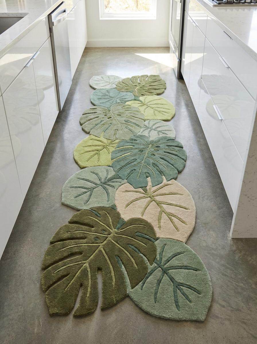 Contemporary botanical hallway rug featuring dimensional carving and layered tropical leaf artwork in calming green shades __etsy:8092843808