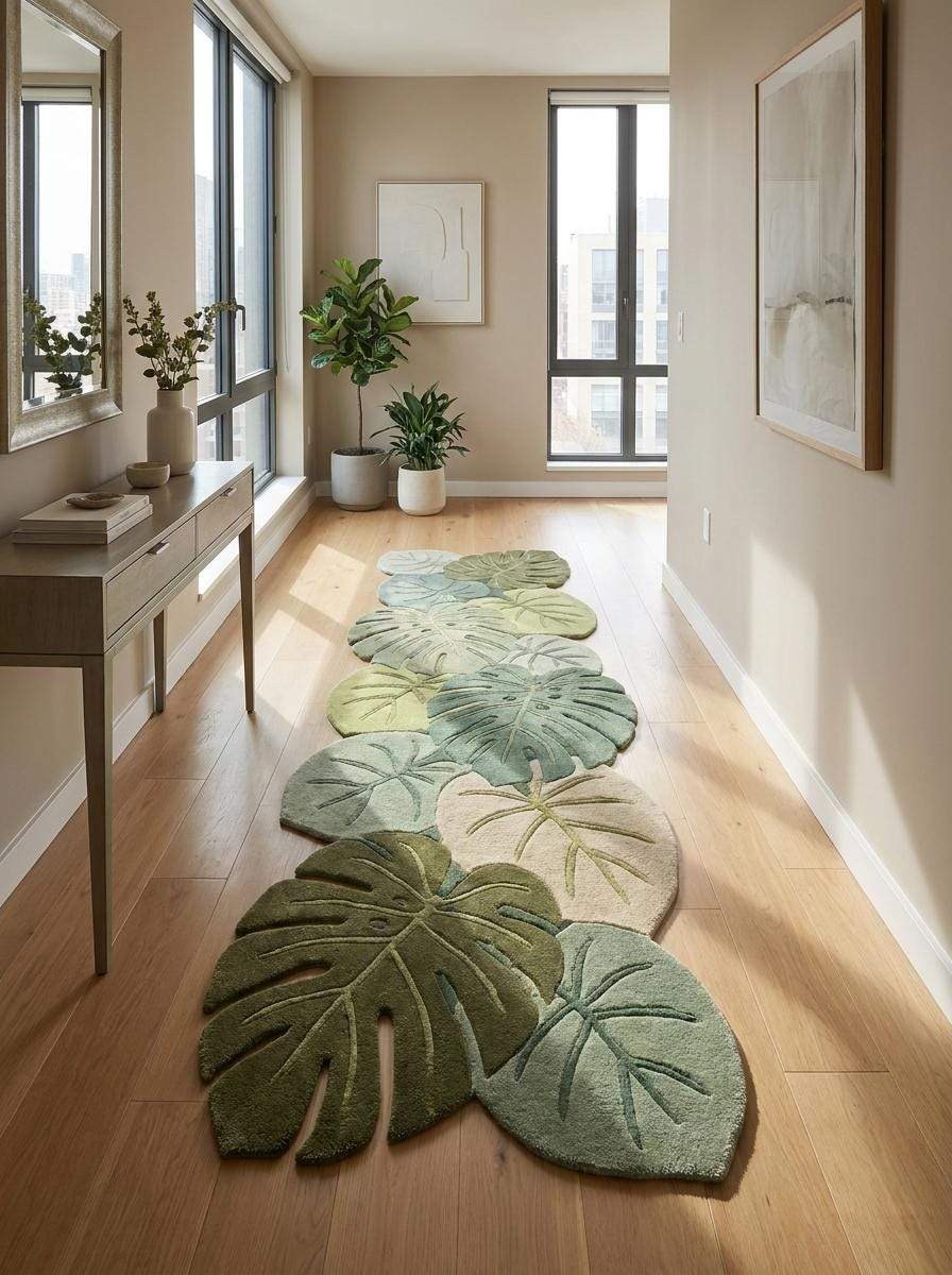 Green wool runner carpet with nature-inspired monstera leaf design for modern homes and organic interior spaces __etsy:8092843774