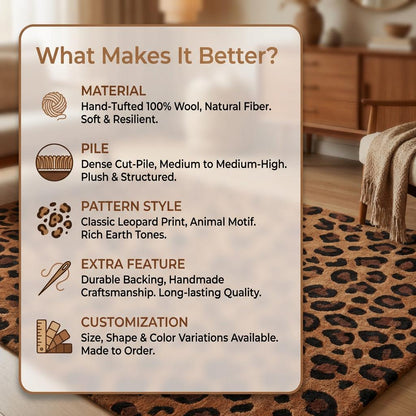 Hand Tufted Leopard Print Wool Area Rug 8x10 Modern Statement Carpet