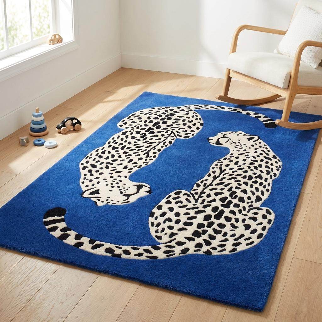 Designer-style leopard area rug combining artistic wildlife imagery with vibrant blue color for modern home decoration. __etsy:8083863390