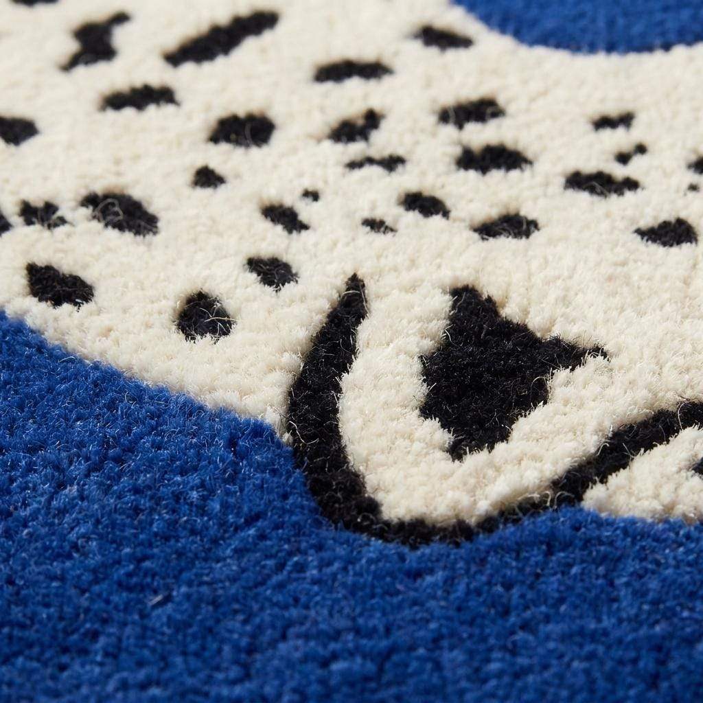 Close-up view of hand tufted wool fibers showing dense cut pile texture, premium wool construction, and detailed leopard pattern craftsmanship. __etsy:8131774503