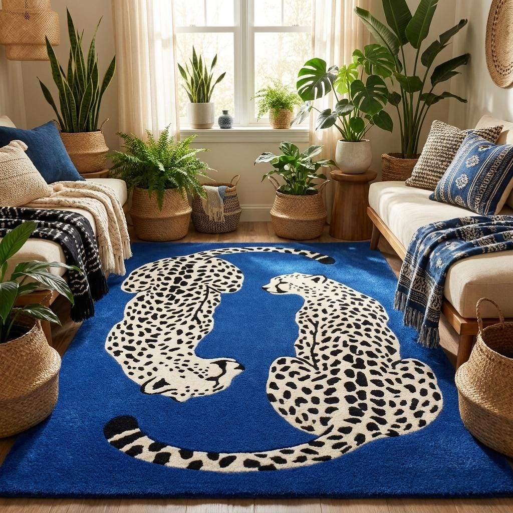 Modern royal blue wool carpet with black and ivory leopard motif creating a bold statement centerpiece for living room décor. __etsy:8131774451