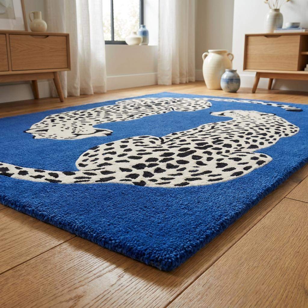 Hand Tufted Leopard Rug, Blue Animal Print Area Rug, Modern Wool Carpet for Living Room Contemporary Decor __etsy:8083863286