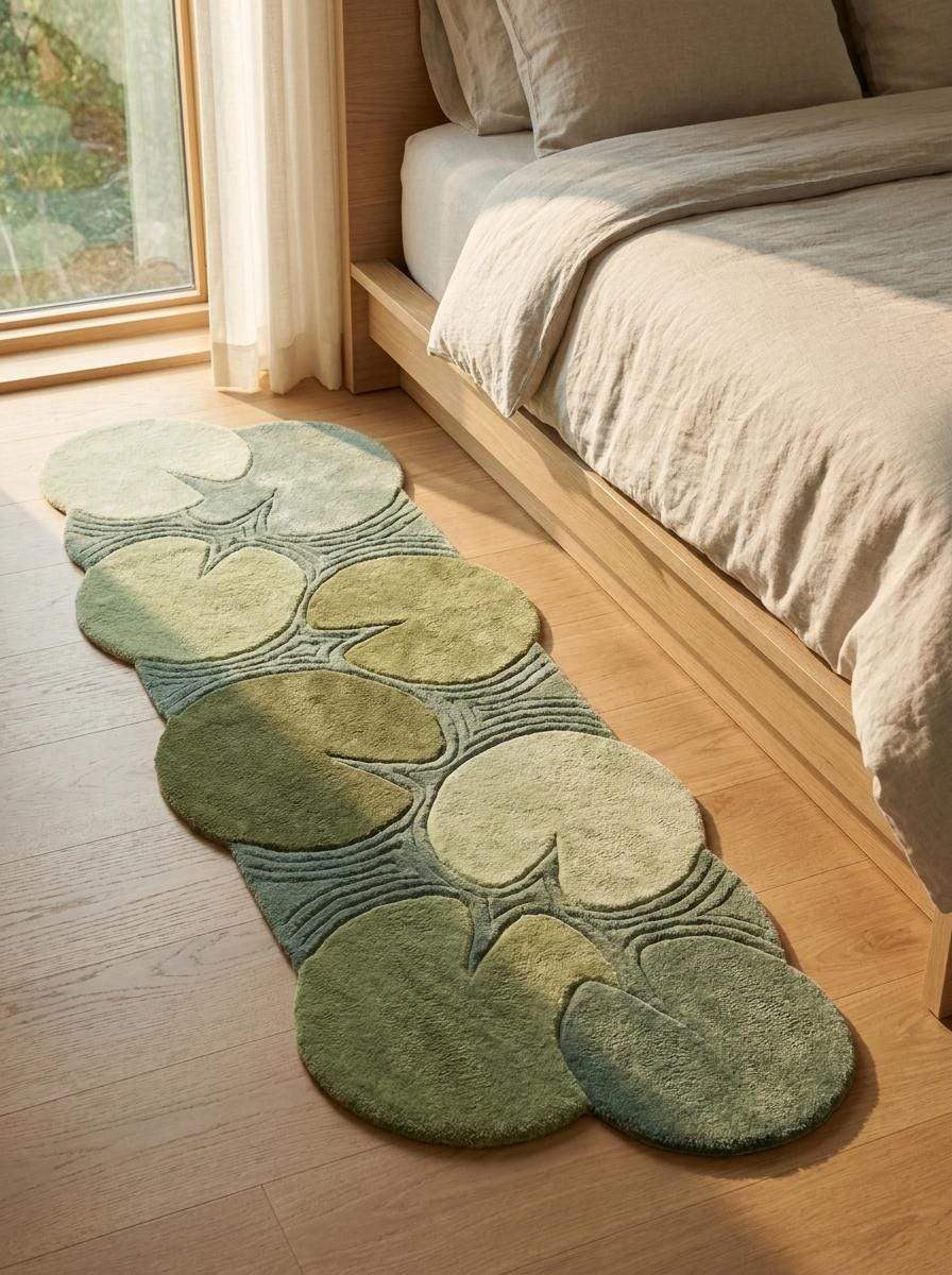 Artistic botanical hallway rug with layered lily pad motifs, dimensional carving, and soft wool pile for modern organic home decor. __etsy:8092988128