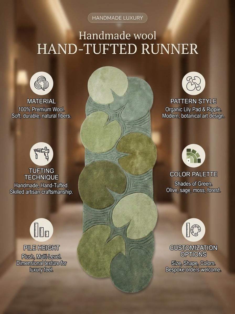 Hand Tufted Lily Pad Runner Rug, Organic Green Botanical Carpet for Hallway, Modern Nature Inspired Decor __etsy:8092988196