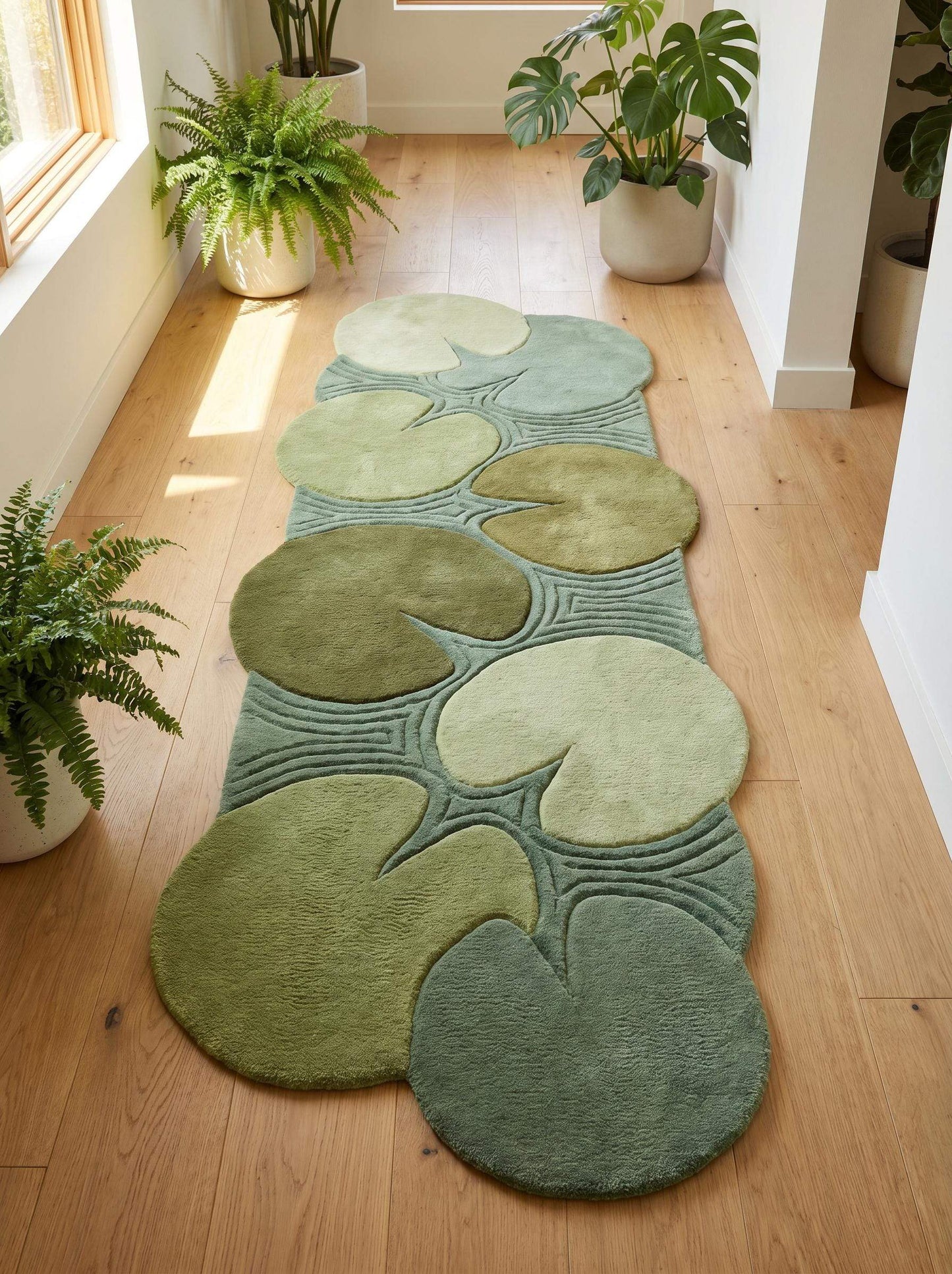Hand tufted green runner rug featuring organic lily pad shapes arranged across a botanical hallway design in multiple shades of sage and moss green. __etsy:8092987674
