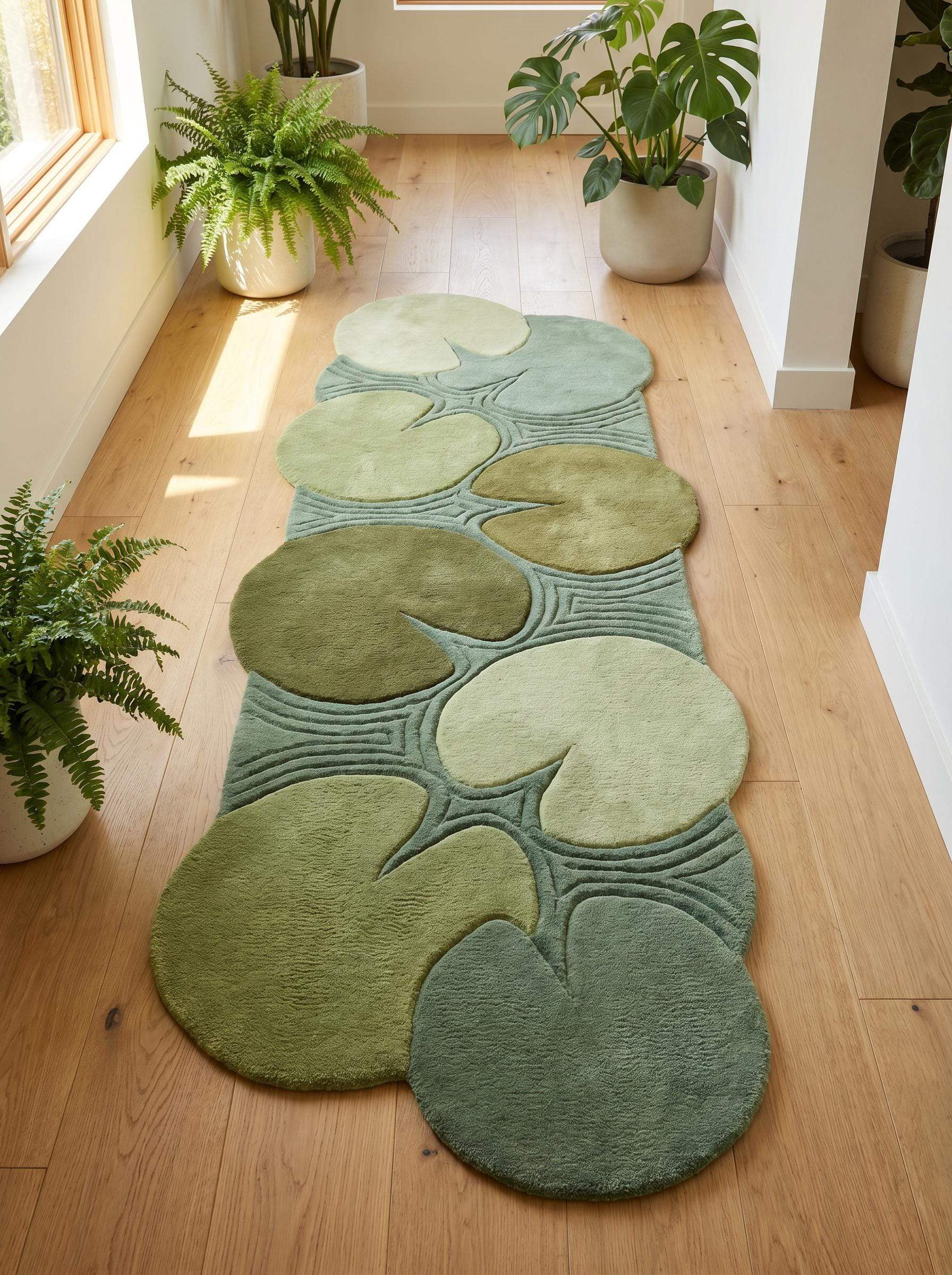 Hand tufted green runner rug featuring organic lily pad shapes arranged across a botanical hallway design in multiple shades of sage and moss green. __etsy:8092987674
