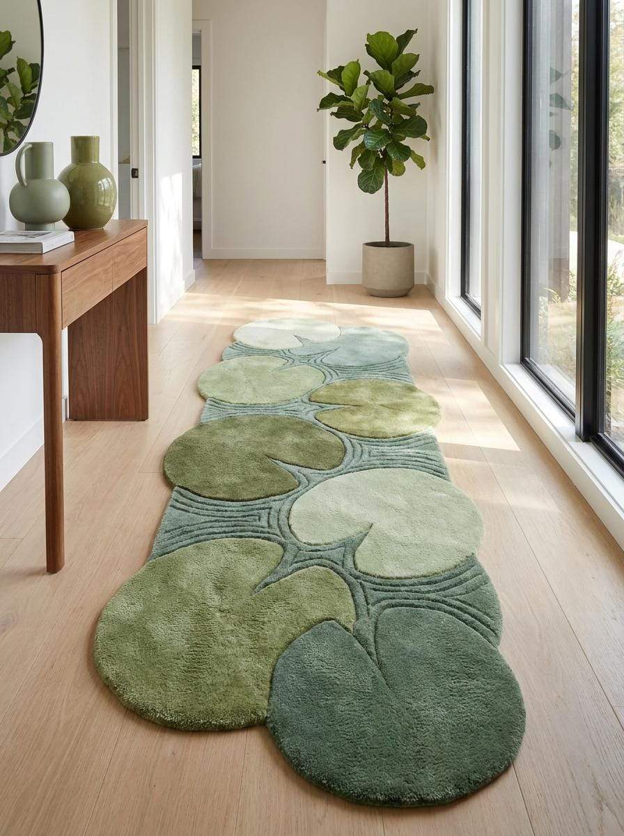 Handmade runner rug combining hallway runner styling with layered round lily pad forms and organic shapes arranged over a long rectangular base. __etsy:8092988108