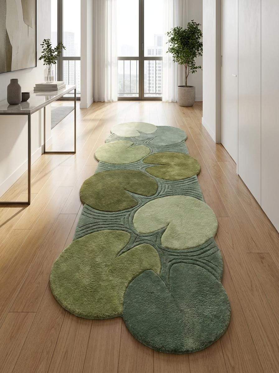 Contemporary green wool carpet with sculpted botanical elements creating a biophilic statement piece for modern interior spaces. __etsy:8092988114