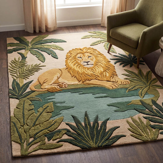 Hand tufted lion area rug with jungle leaves, wool safari carpet for kids room decor in green and beige tones __etsy:7826510604
