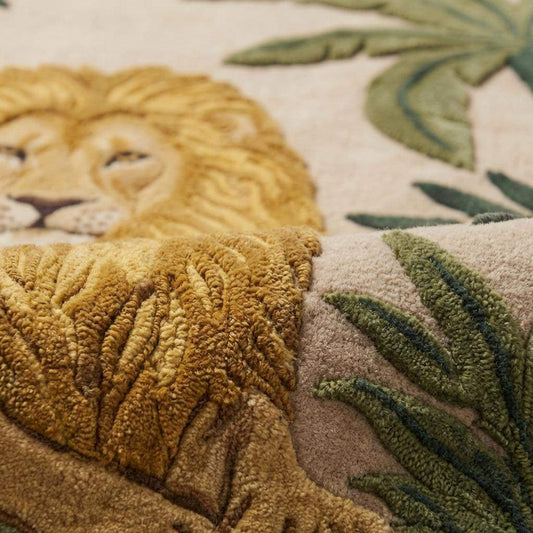 Hand tufted lion area rug with jungle theme and tropical green wool fibers
