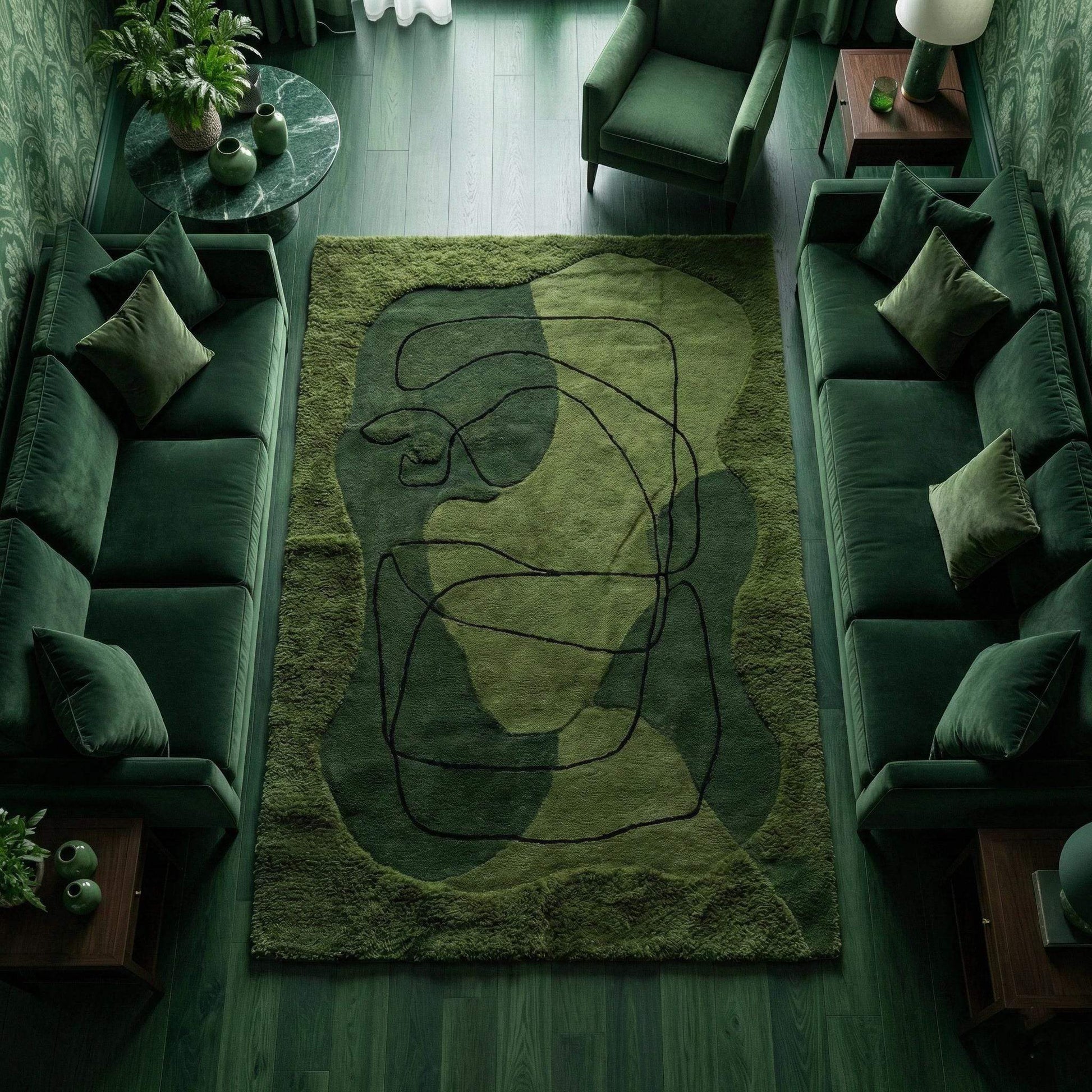 Hand tufted moss green abstract wool rug with high-low texture and modern line art design