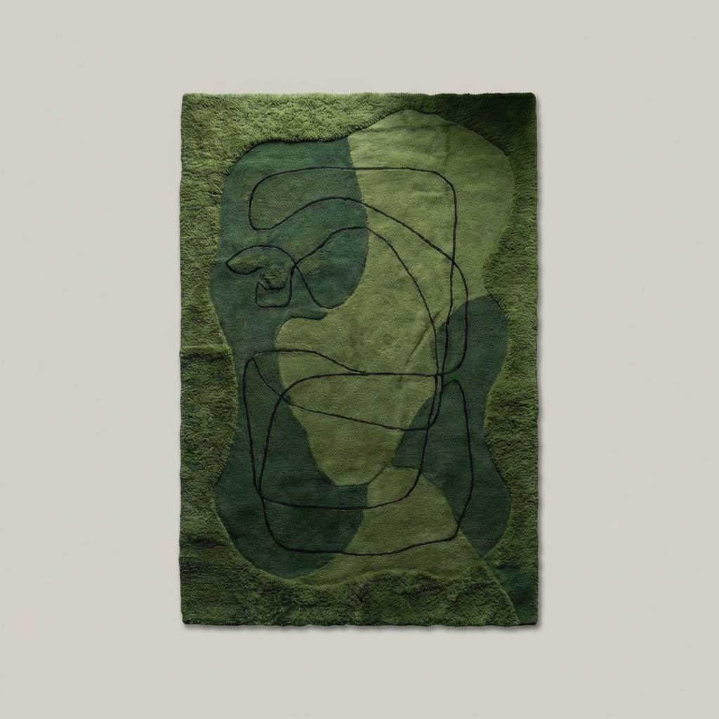 Top view of contemporary abstract line art rug in layered green tones