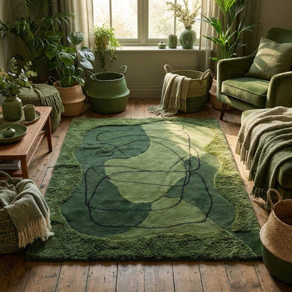 Plush high low sculpted hand tufted wool rug with organic shape pattern